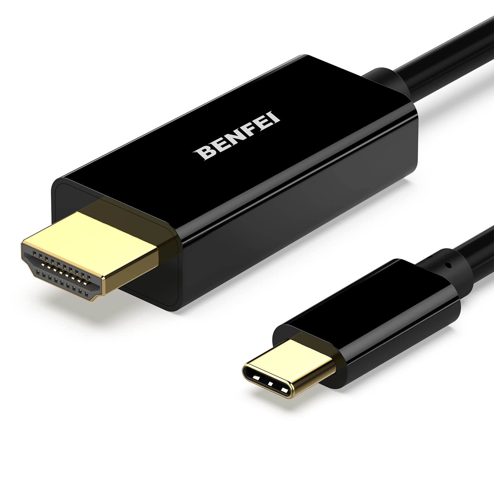Ein schwarzes Kabel mit HDMI- und USB-C-Anschlüssen, goldfarben.