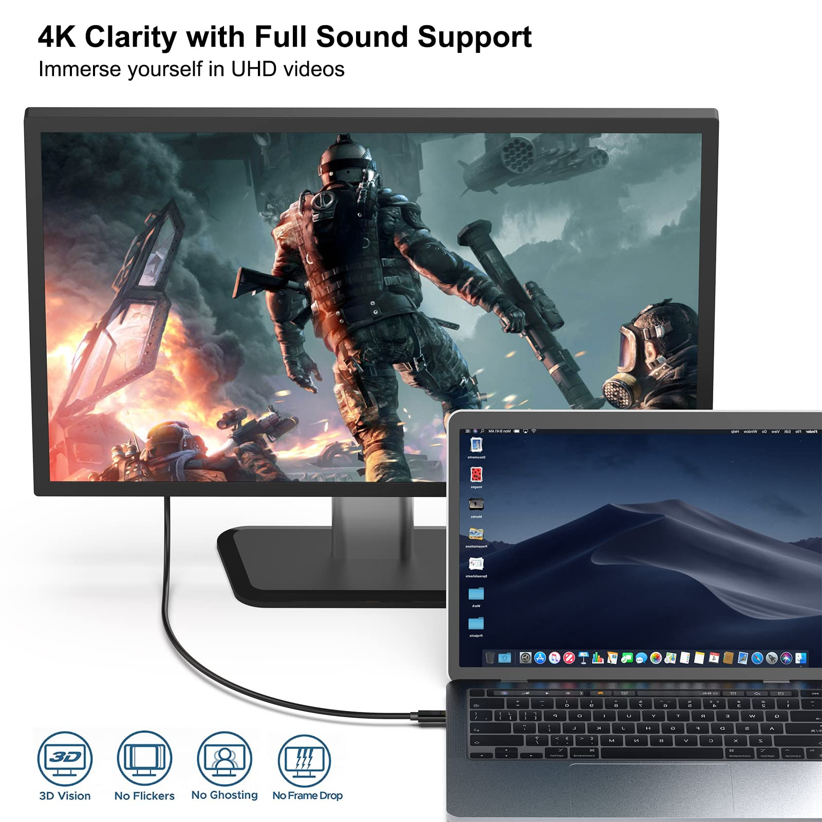 Ein Monitor zeigt eine Videospielszene. Ein Laptop ist mit dem Monitor verbunden.