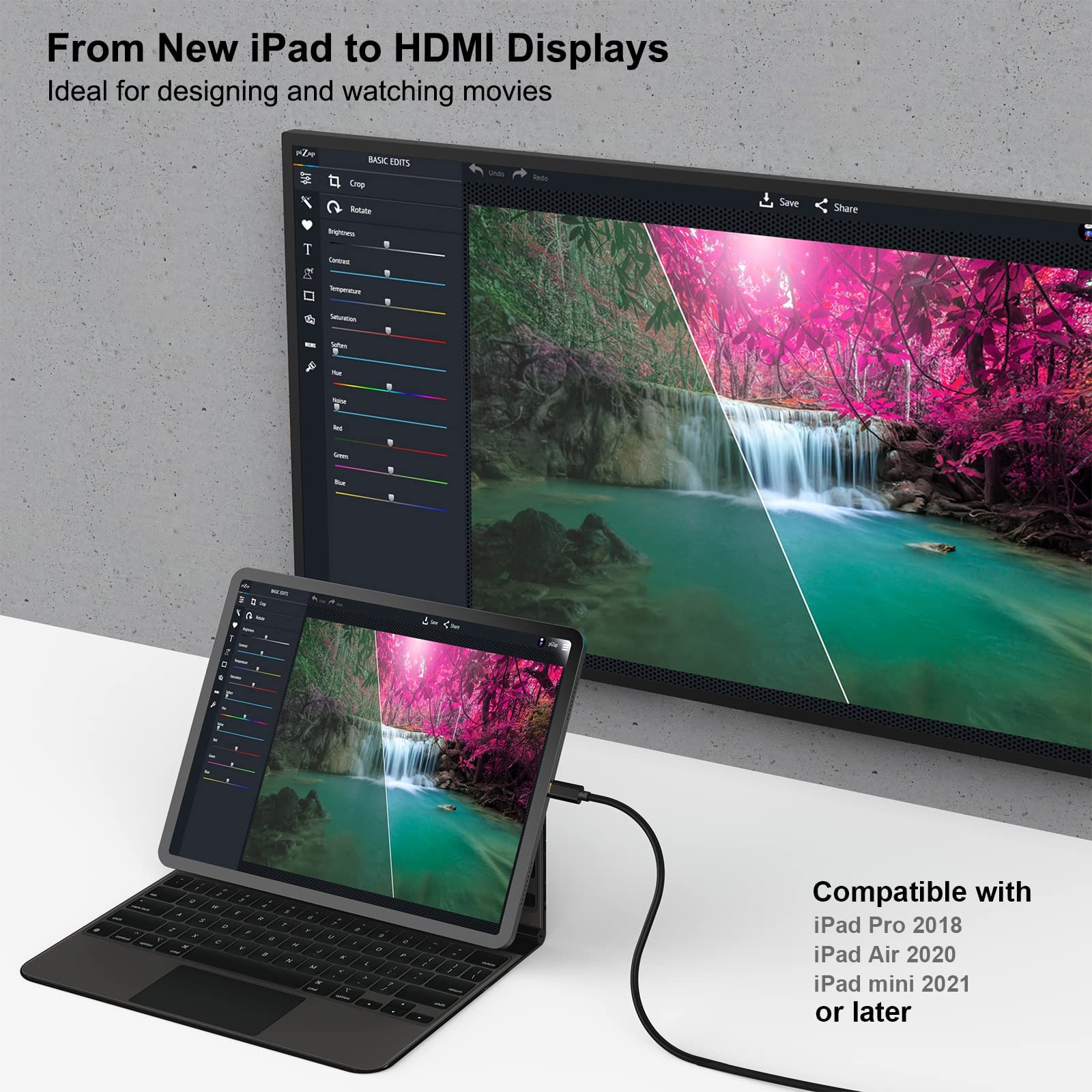 iPad verbindet sich mit einem Monitor, der eine bearbeitete Wasserfall-Szene zeigt.