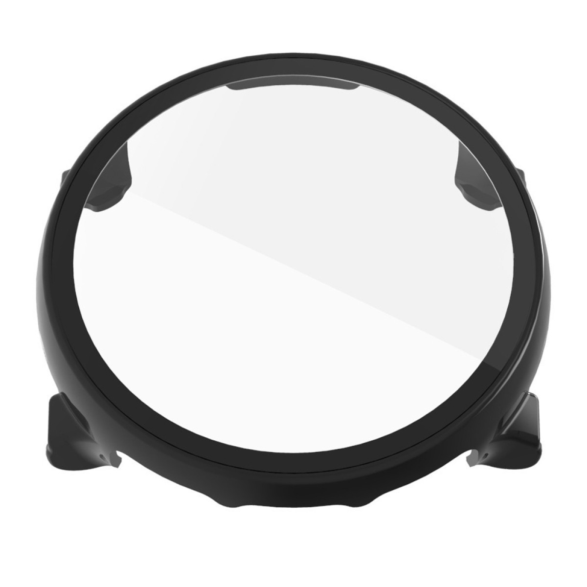 Runder schwarzer Uhrenschutz mit klarer Glasoberfläche.