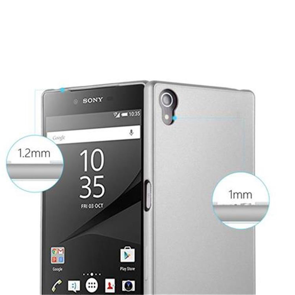 Smartphone Sony argentato con custodia. Spessore 1,2mm e 1mm.