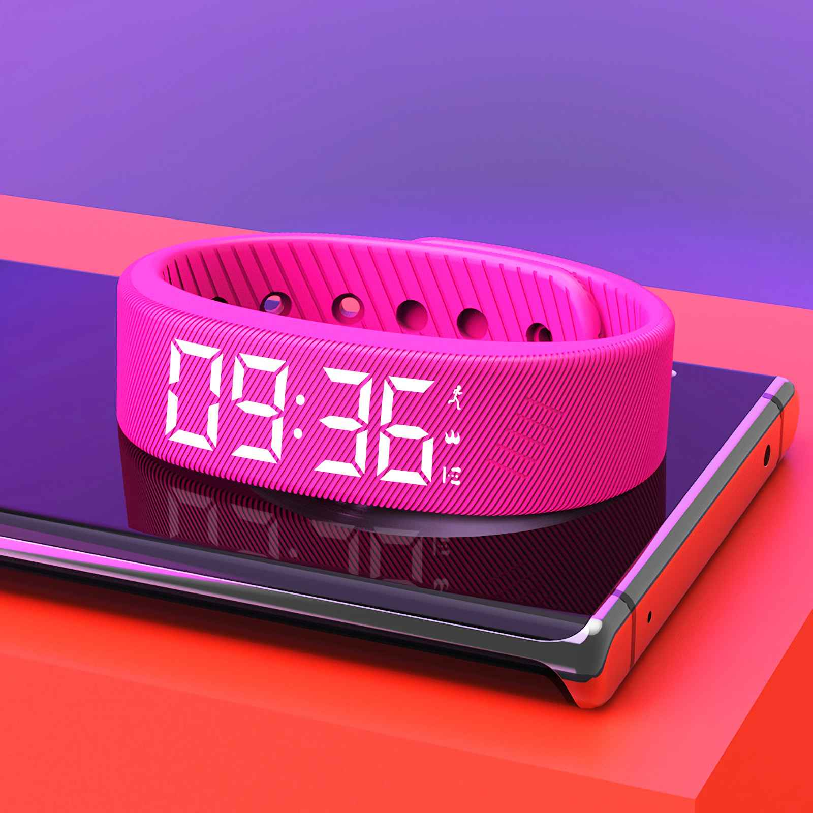 Eine pinke Smartwatch mit digitaler Anzeige zeigt 09:36 an, liegt auf einem schwarzen Smartphone.