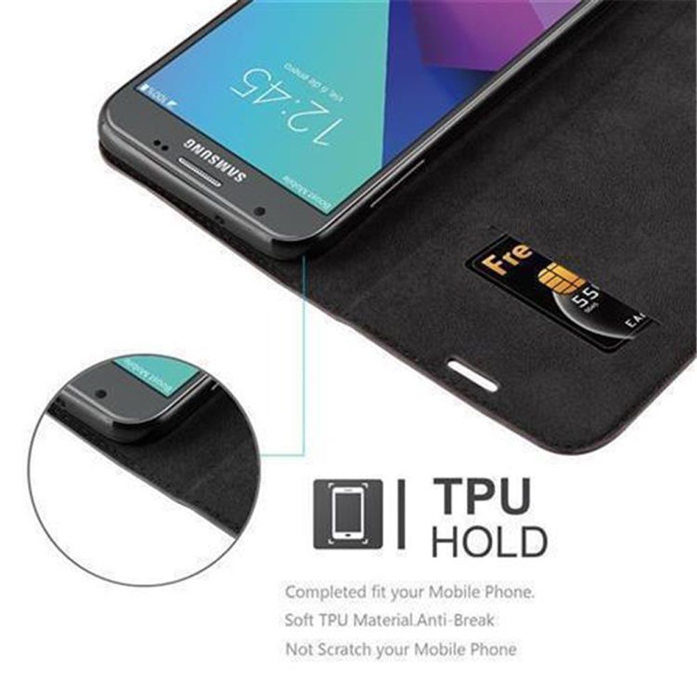 Una custodia nera per telefono con un Samsung, uno slot per schede e infografiche.