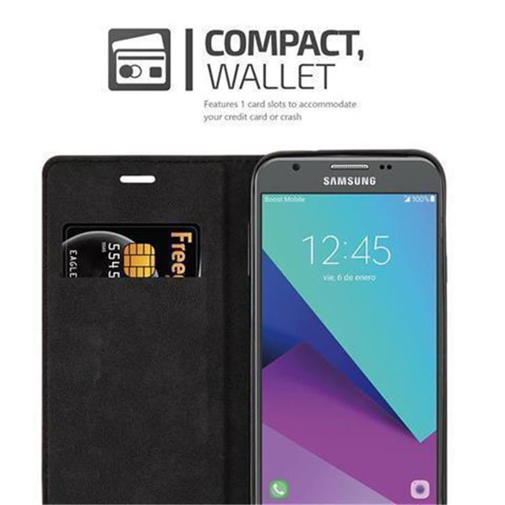 Custodia a portafoglio nera con uno slot per carte e uno smartphone Samsung.