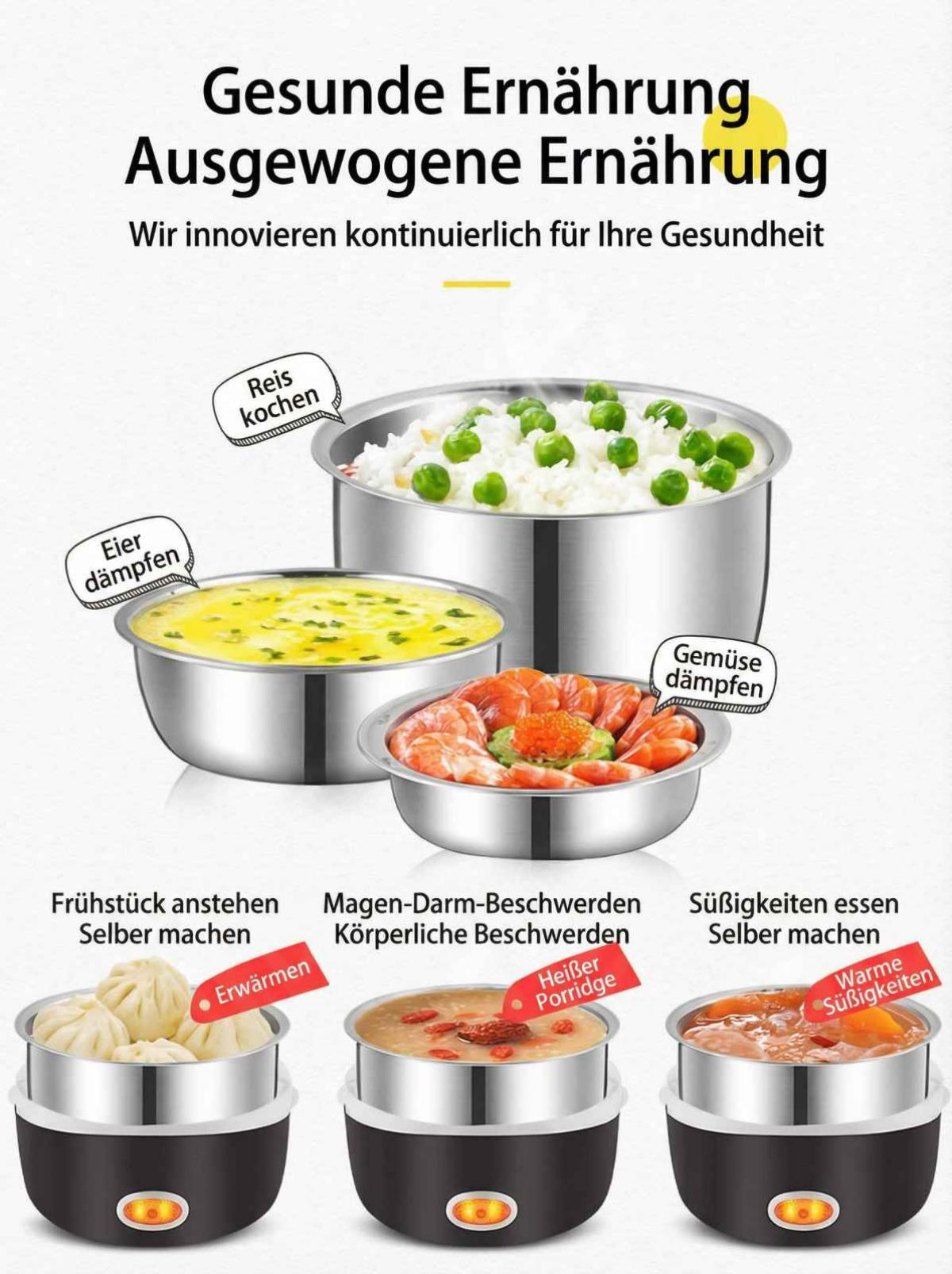 Edelstahltöpfe mit Reis, Eiern, Garnelen und dampfendem Essen.
