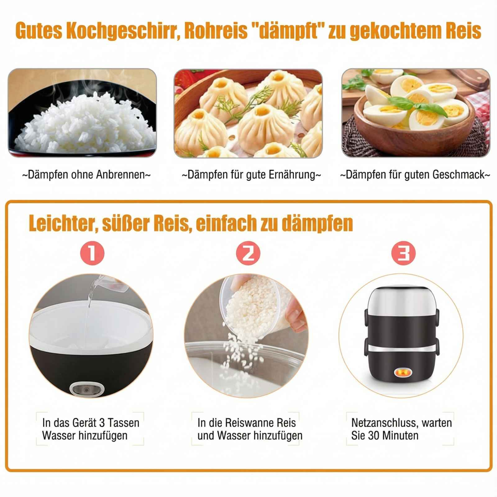 Dampfgare-Anleitung: Reis, Dumplings und Eier. Schritte: Wasser, Reis, Netzanschluss.