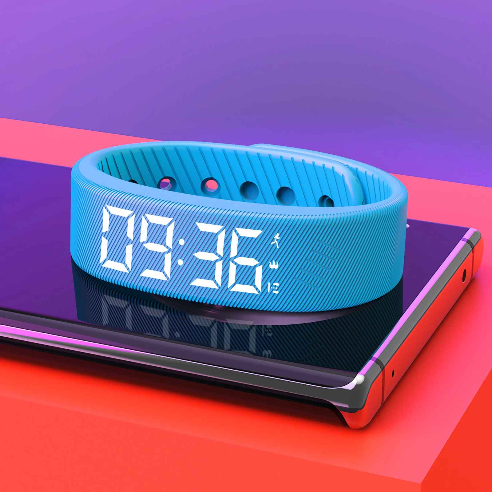 Blaues Fitnessarmband mit digitaler Uhrzeit auf einem Smartphone.