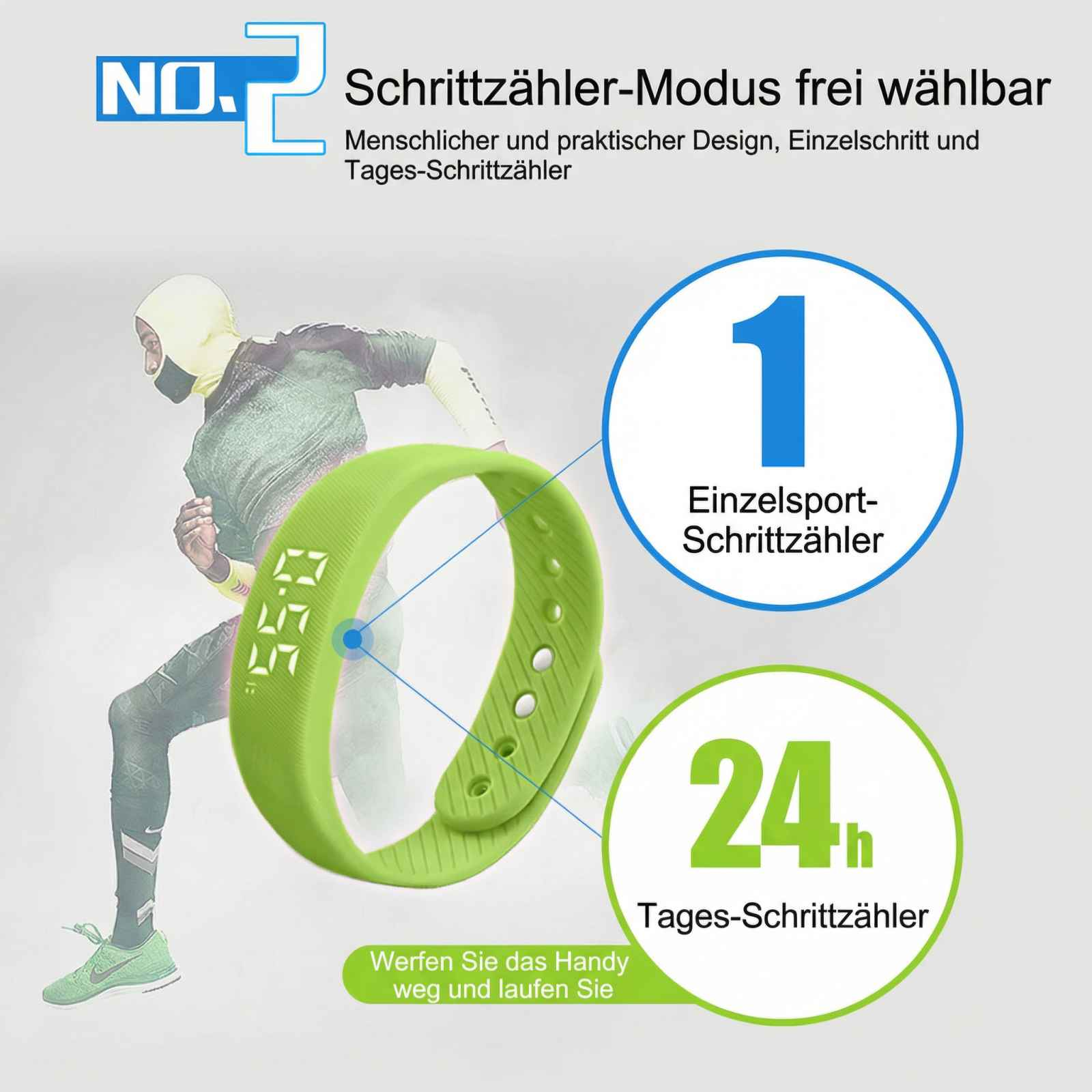 Ein Mann läuft, trägt einen grünen Schrittzähler mit digitaler Anzeige.