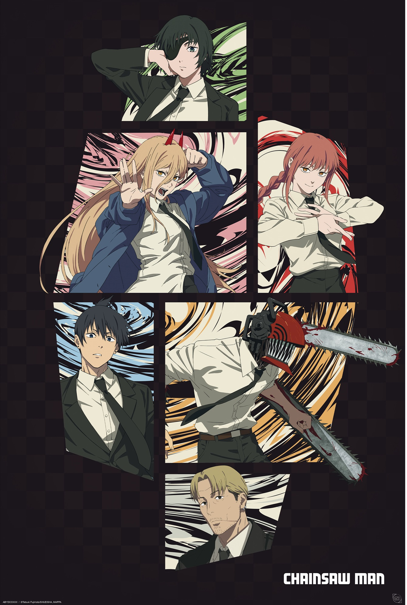 Anime-Poster mit sechs Charakteren in Anzügen und einem mit Kettensäge.