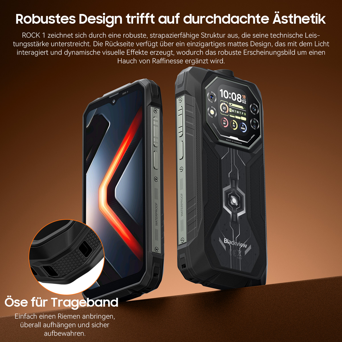 Zwei robuste Blackview Smartphones, eines mitettivo Display, das andere mit Kameras.