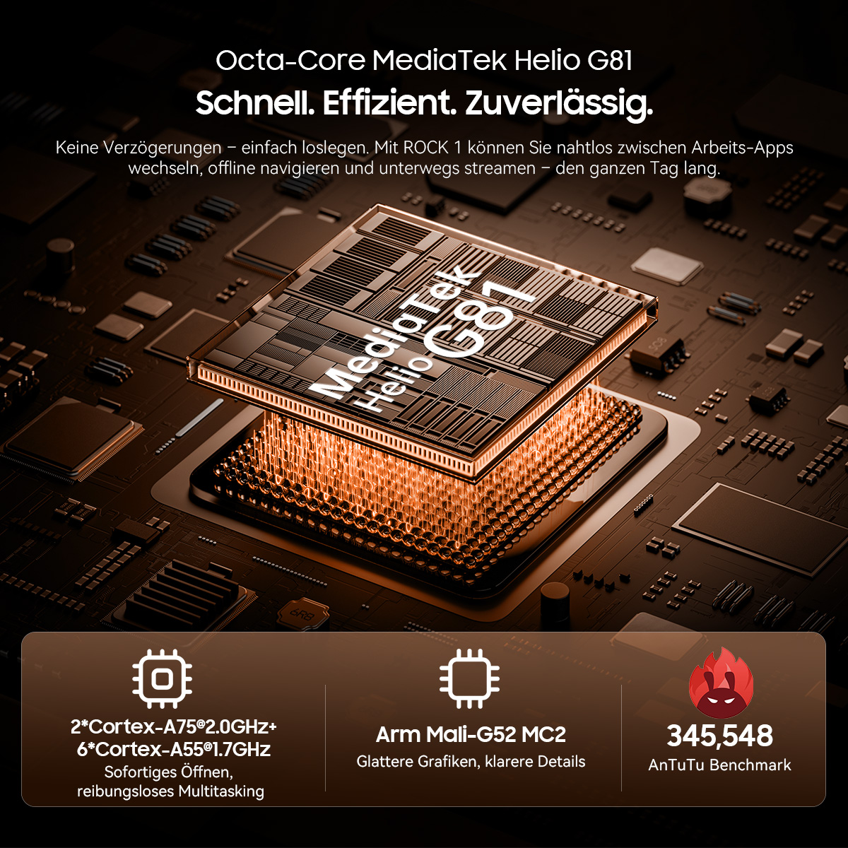 Octa-Core MediaTek Helio G81 Prozessor auf einer Leiterplatte, mit Leistungsdetails unten.