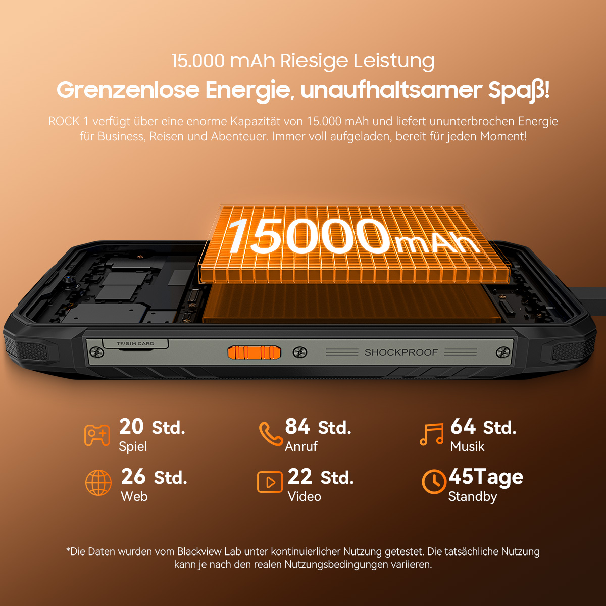 Das ROCK 1 Smartphone mit 15.000 mAh Akku, zeigt Nutzungsdauer für Spiel, Web, Anruf, Video, Musik und Standby.