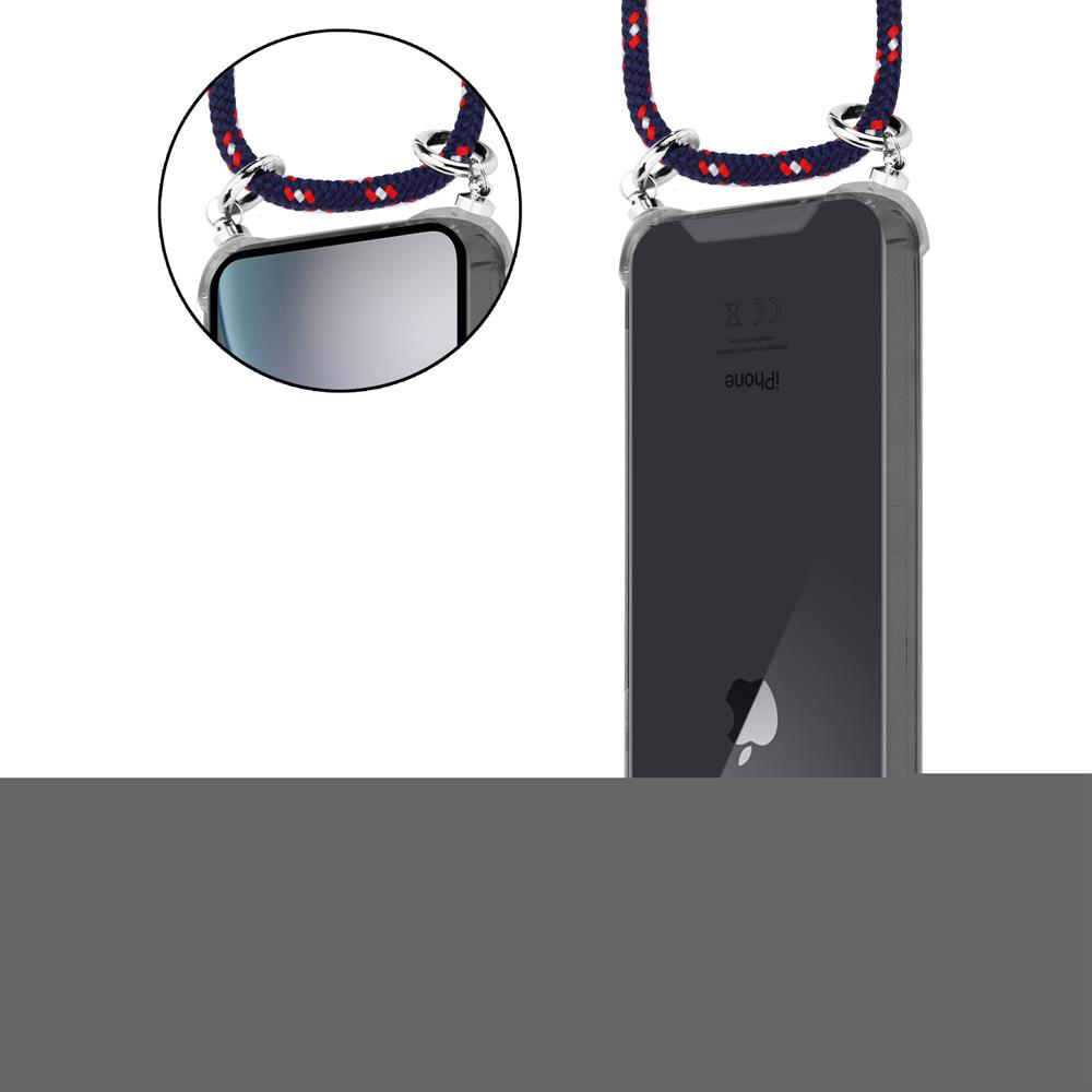 Ein iPhone mit einem Lanyard, das mit Ringen befestigt ist.