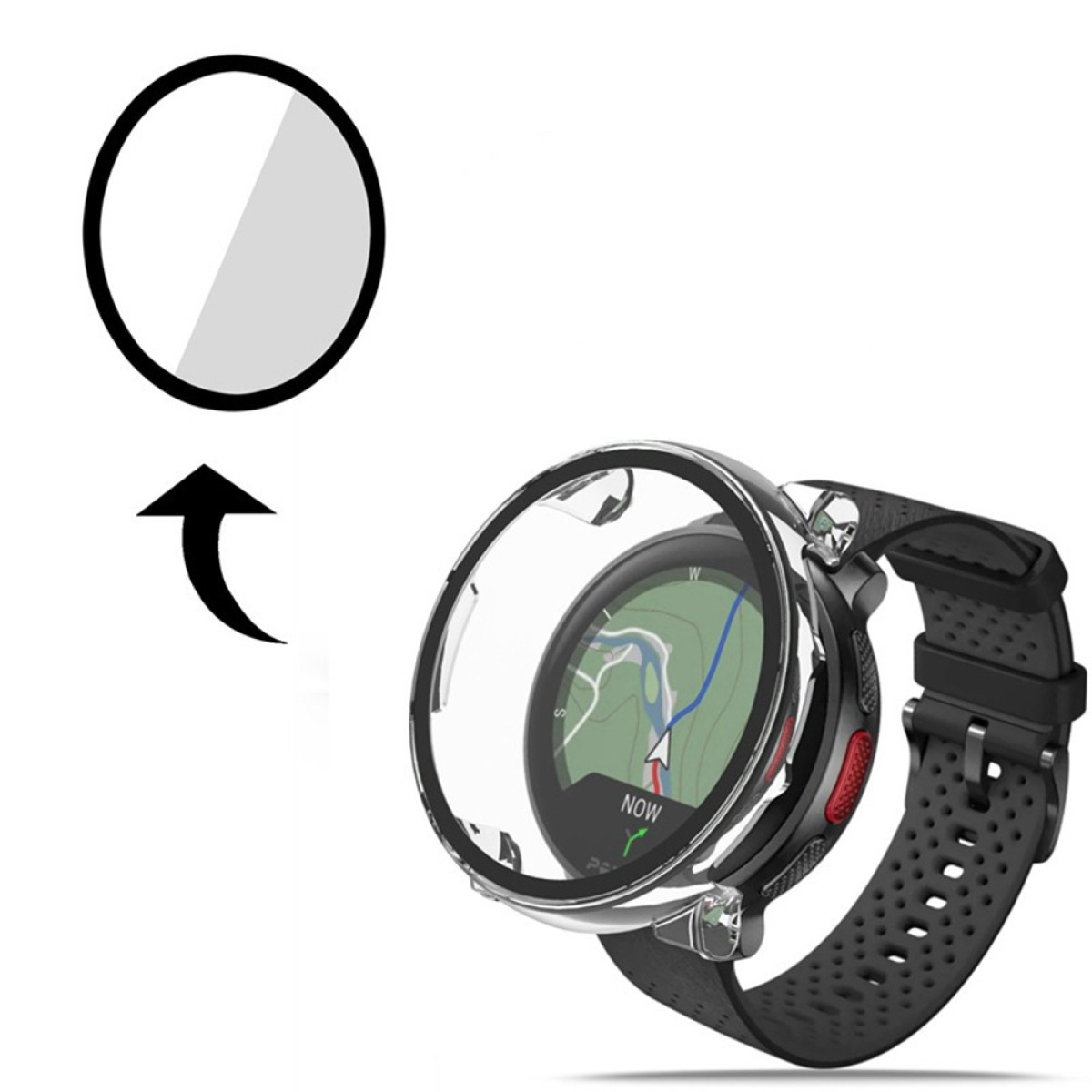 Eine transparente Schutzhülle für eine Sportuhr mit Kartendisplay.