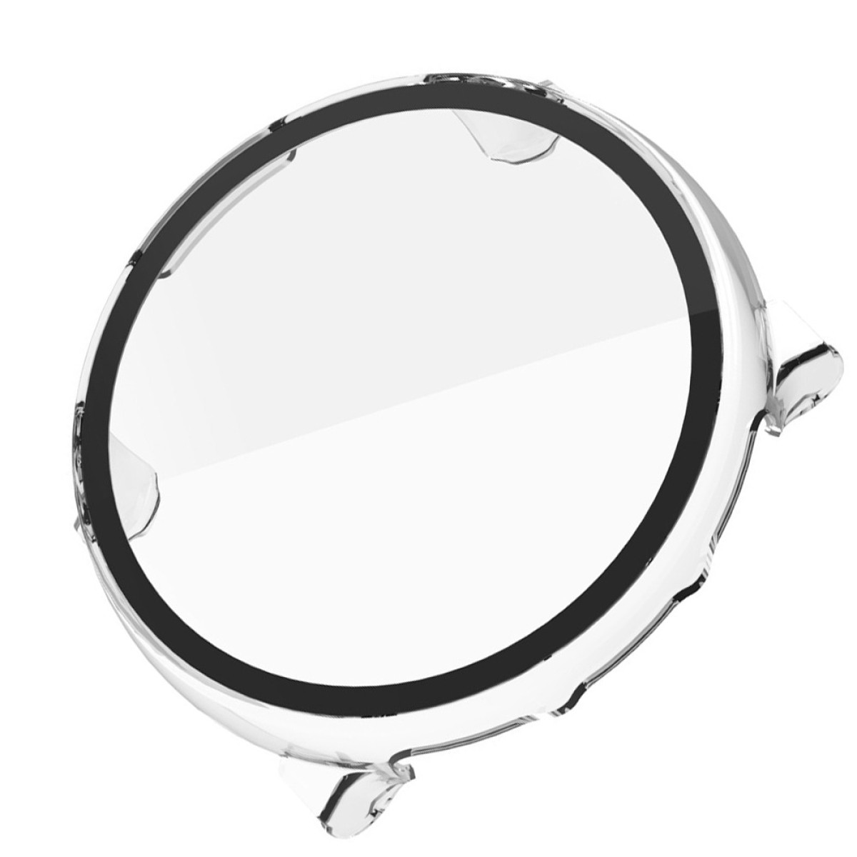 Transparente Schutzhülle für Smartwatch mit schwarzem Ring.
