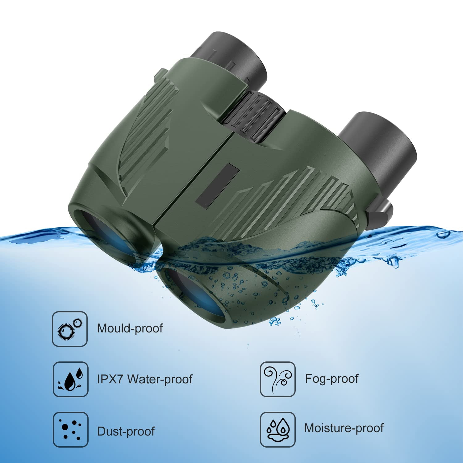 Grüne Ferngläser in Wasser mit Symbolen für Schimmelschutz, Wasserschutz, Nebelschutz, Staubschutz.