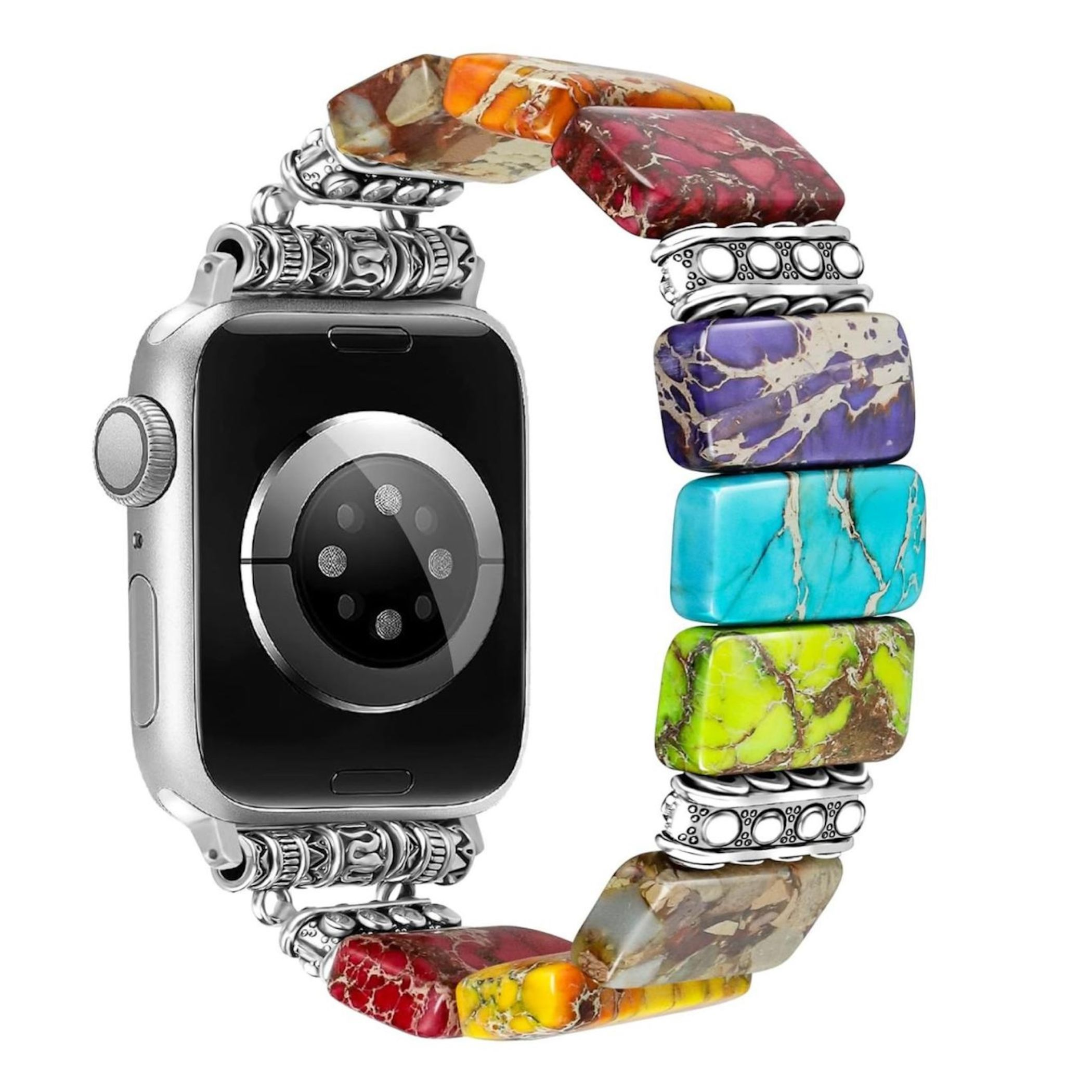 Silberne Smartwatch mit einem Armband aus bunten, rechteckigen Edelsteinen.