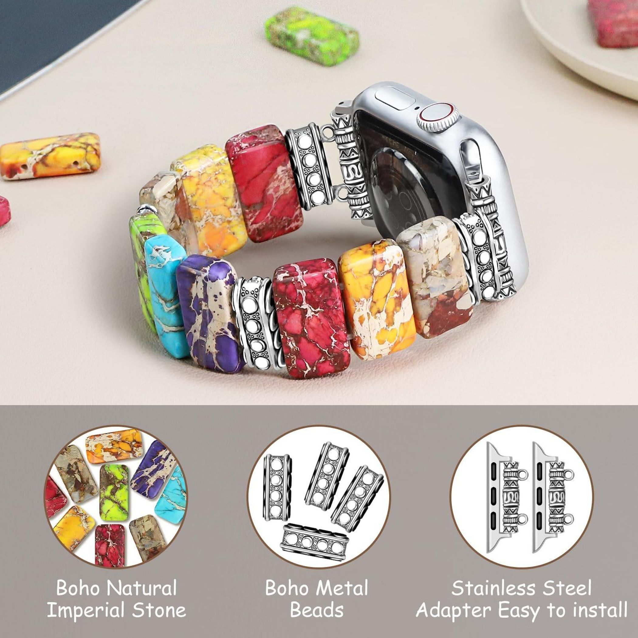 Ein buntes Armband aus Steinperlen und Metallperlen an einer silbernen Smartwatch.