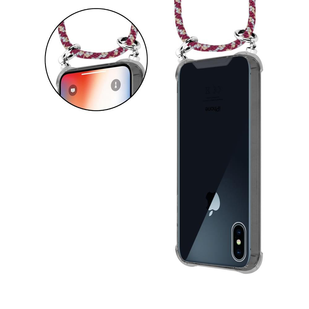 iPhone in custodia trasparente con cordino, su sfondo bianco.