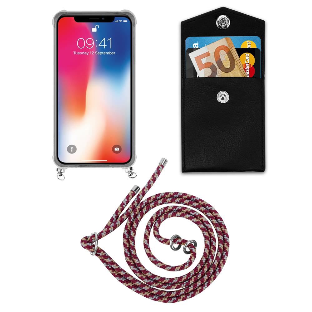 Uno smartphone in custodia, un portafoglio con soldi e carta, e un cordino.