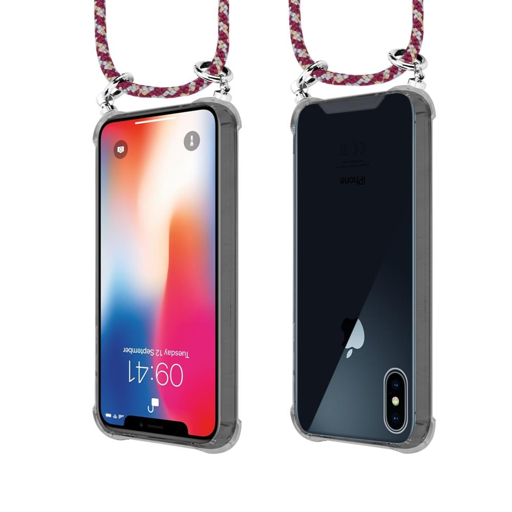 Due iPhone con cordini. Il fronte mostra schermata di blocco, il retro mostra logo.