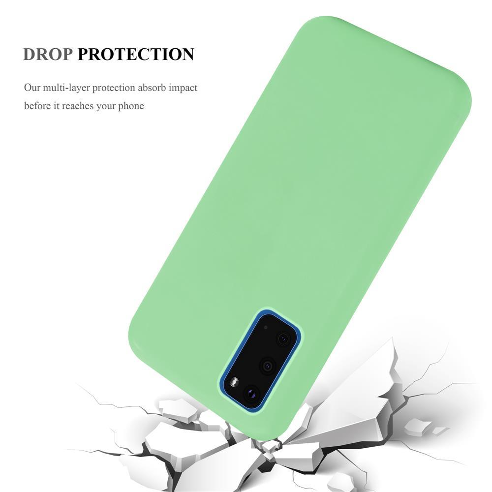 Cover verde per telefono che cade su terreno bianco crepato. Testo: PROTEZIONE ANTI-CADUTA.