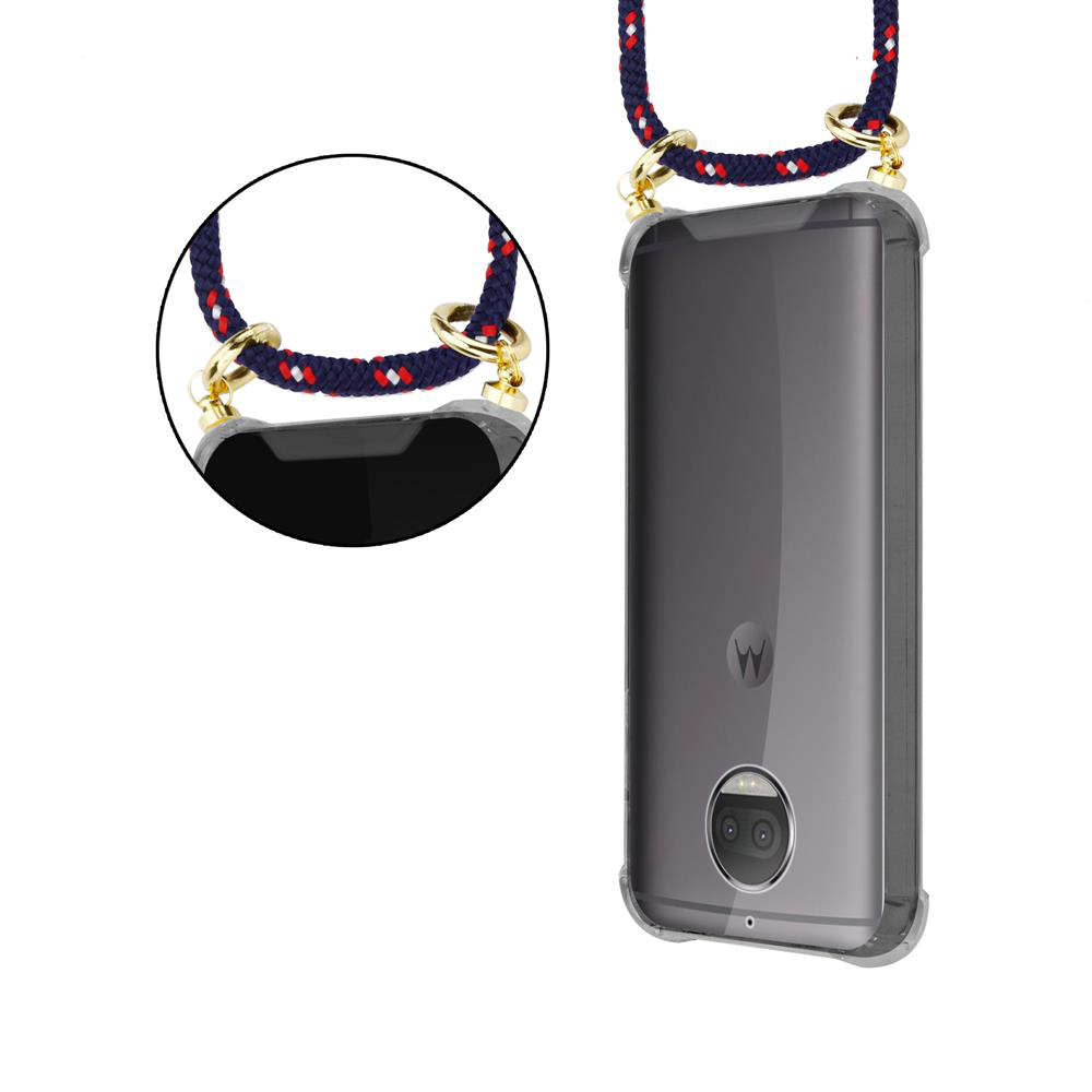 Telefono grigio in custodia trasparente con cordino blu e anelli dorati.