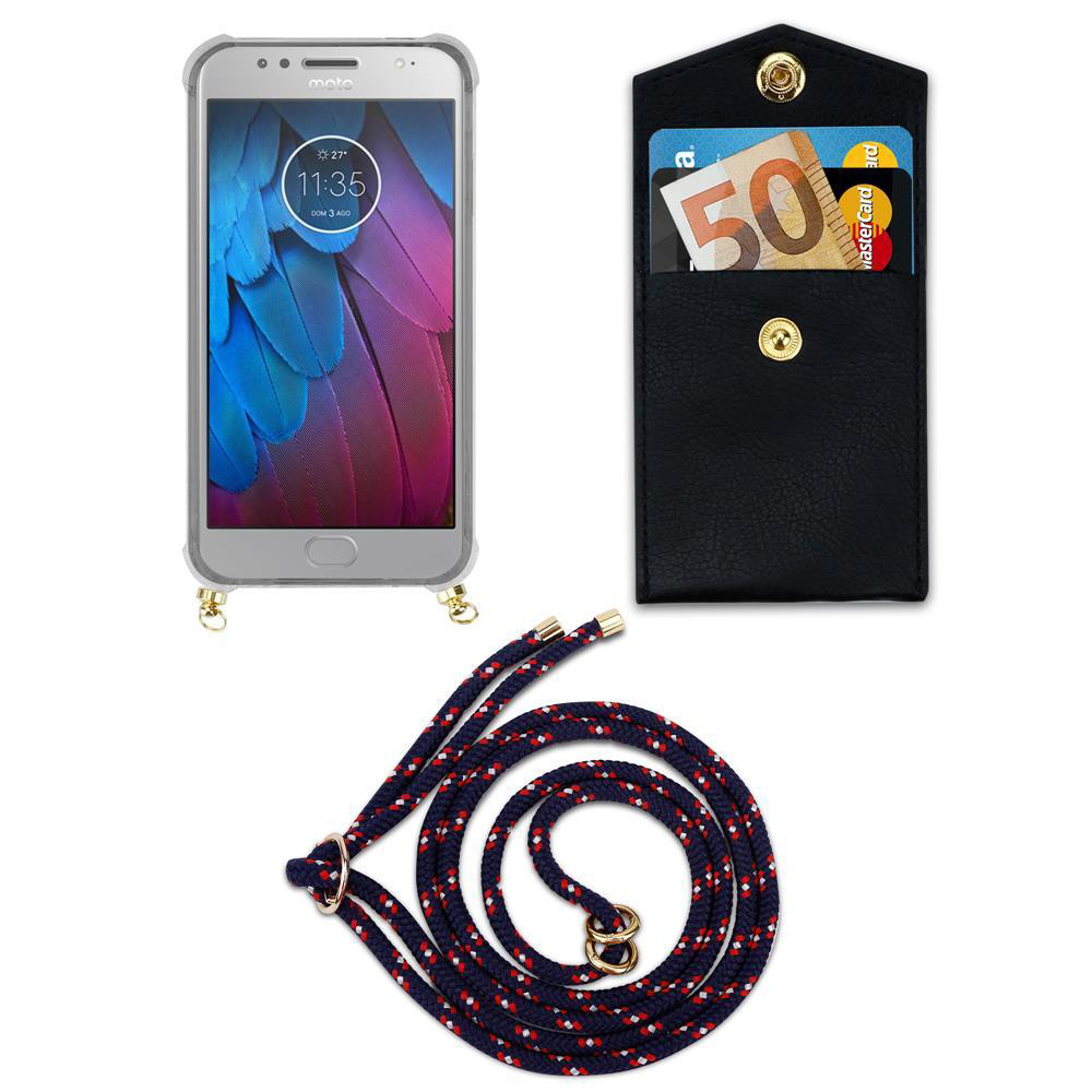 Uno smartphone in custodia trasparente, un portafoglio nero con soldi e carte, e una corda blu e rossa.