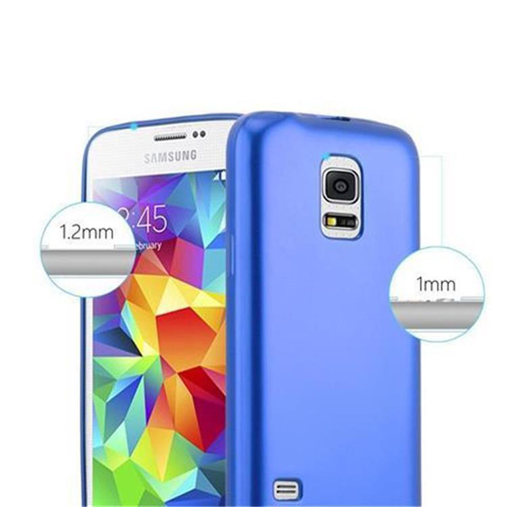Blauer Samsung Handyhülle, Vorder- und Rückseite gezeigt, mit Dickenangaben.