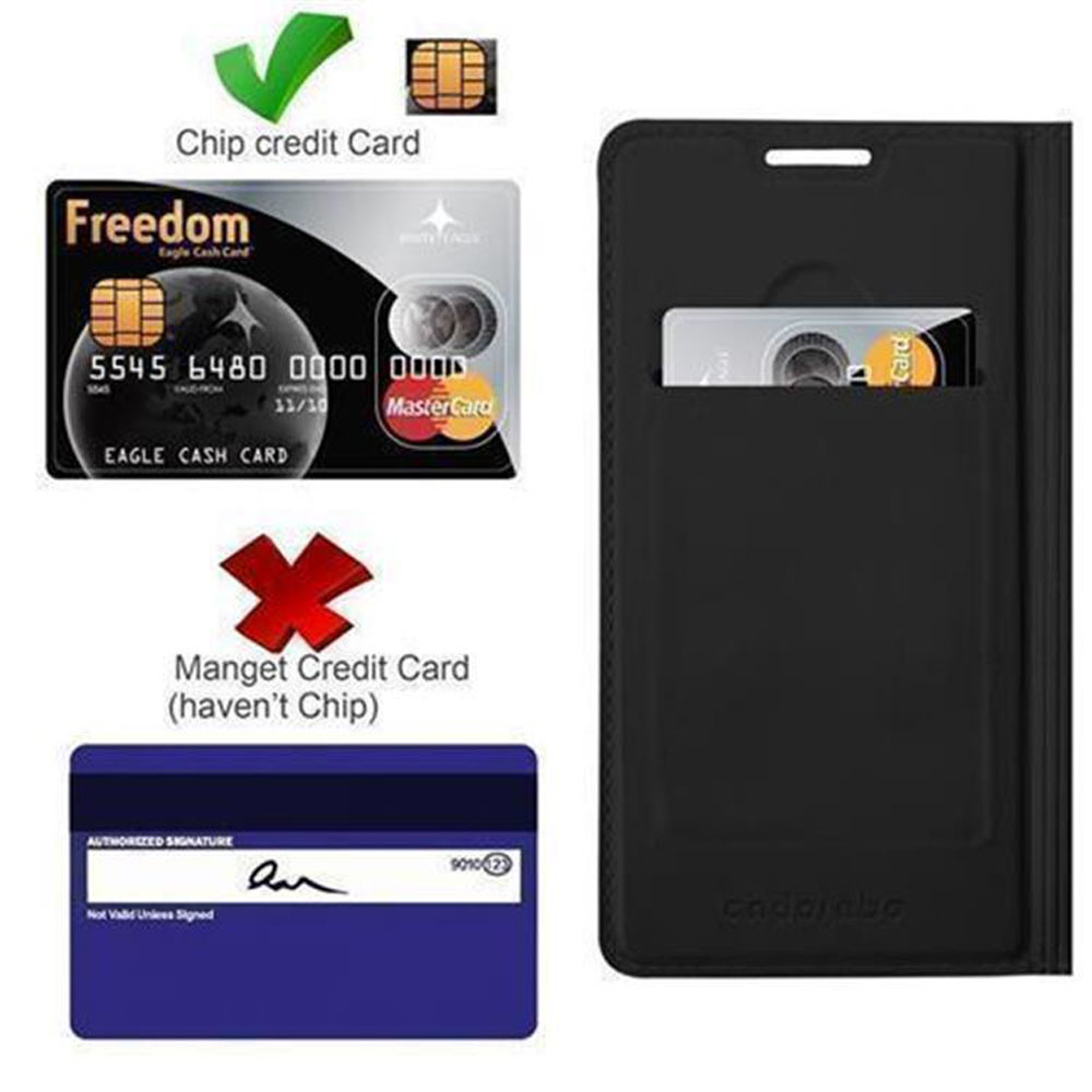 Una cover nera per telefono con una carta di credito inserita in una tasca.