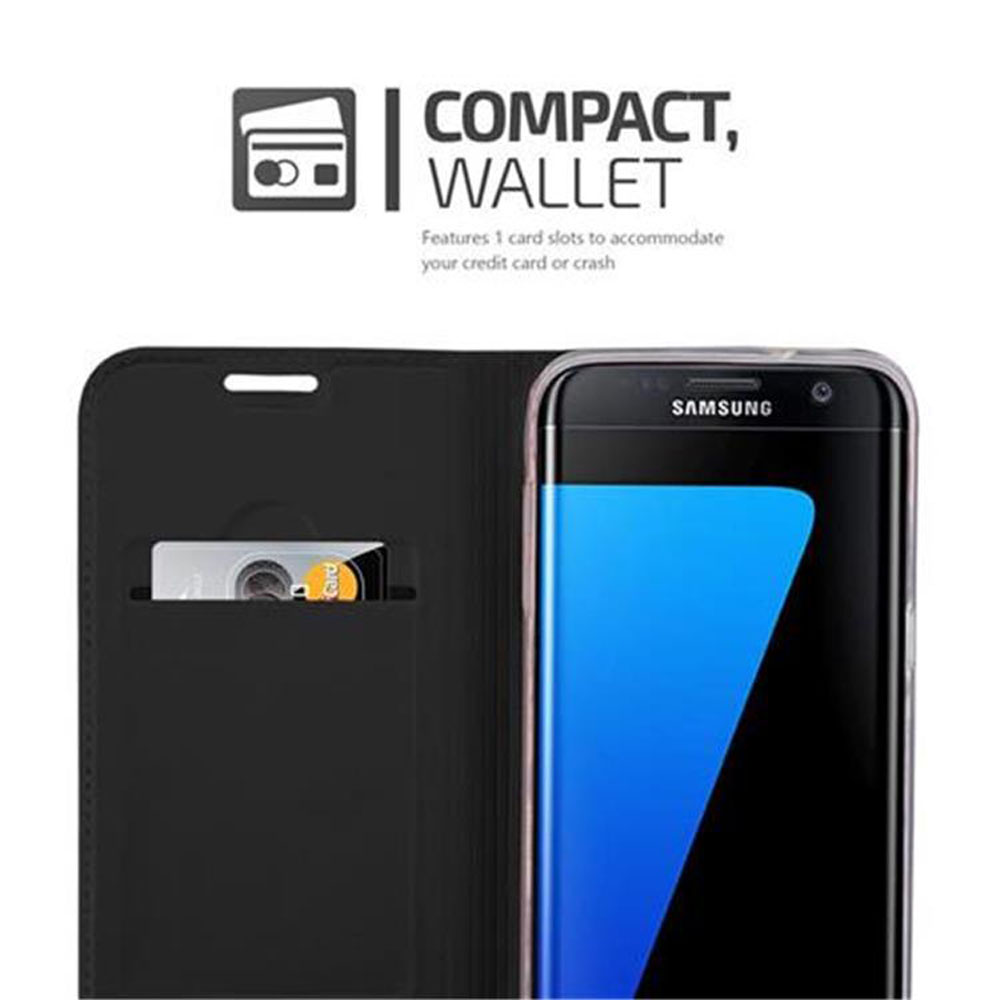 Custodia a portafoglio nera con una carta e un telefono Samsung.