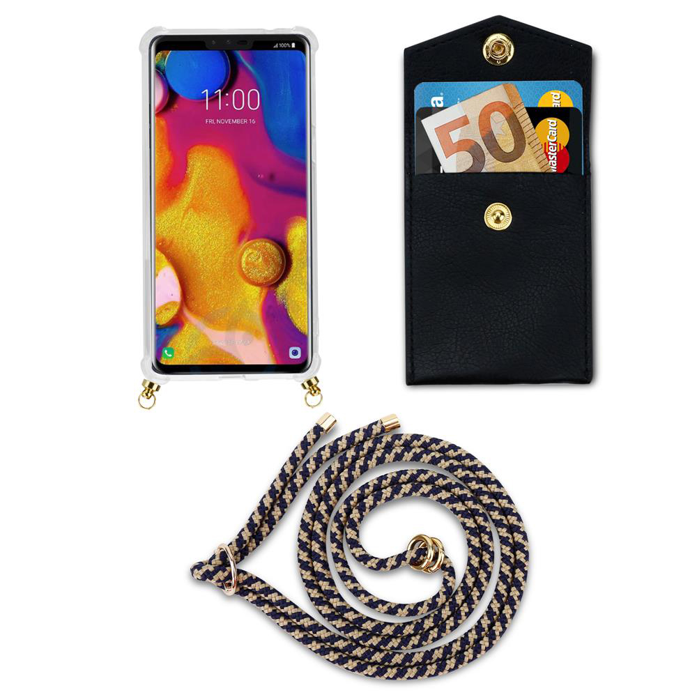 Ein Smartphone mit einem Lanyard und einer schwarzen Geldtasche mit Geldscheinen und Karten.
