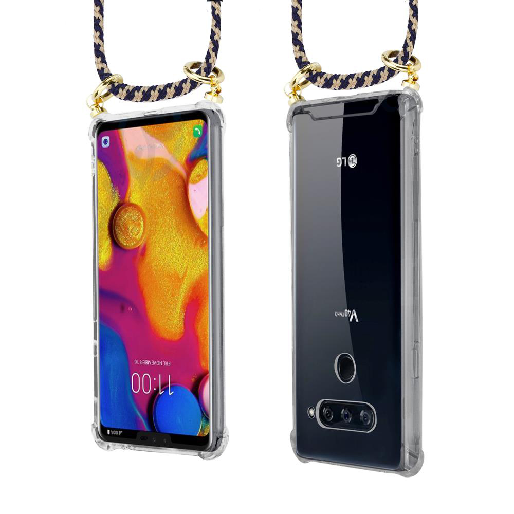 Zwei LG-Smartphones in transparenten Hüllen mit Schnüren.