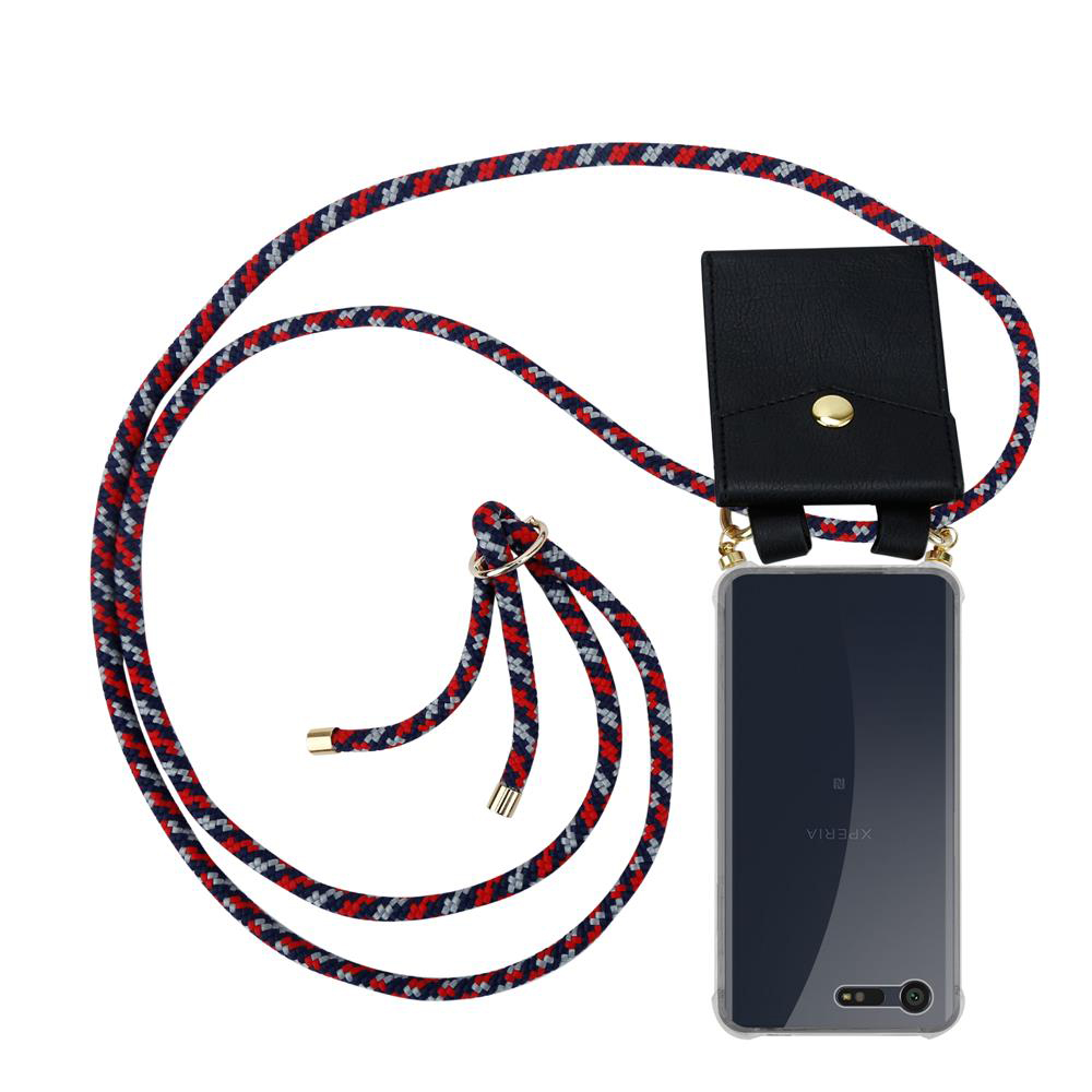 Teléfono negro con cordón rojo, azul y gris
