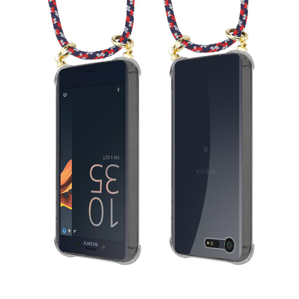 Un smartphone con una correa de colores unida a su funda.