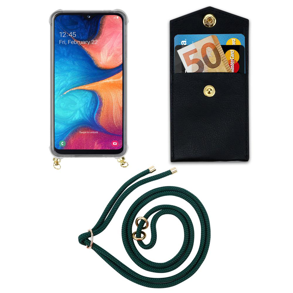 Uno smartphone in custodia con laccetto, accanto a un portafoglio nero con soldi e carte.