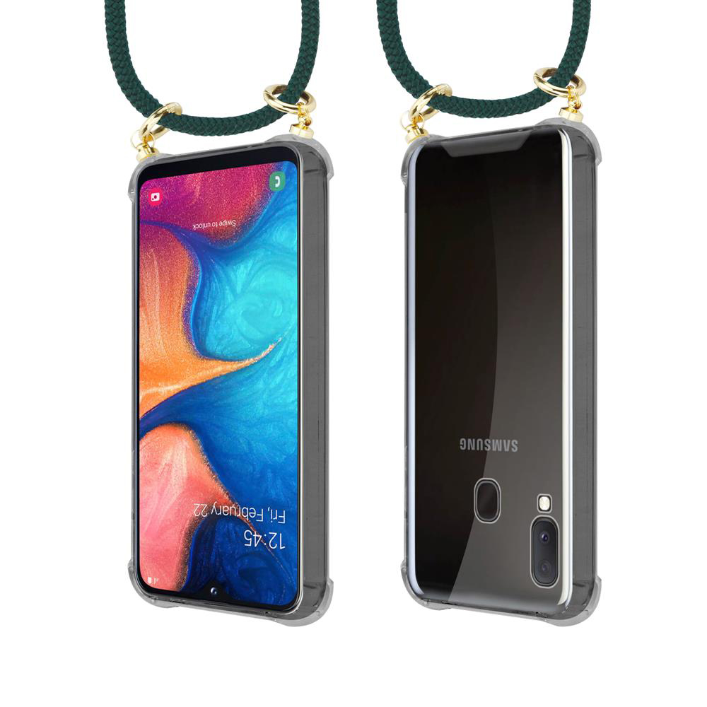 Due Samsung in custodie trasparenti con laccetto. Sinistra mostra schermo, destra mostra retro.