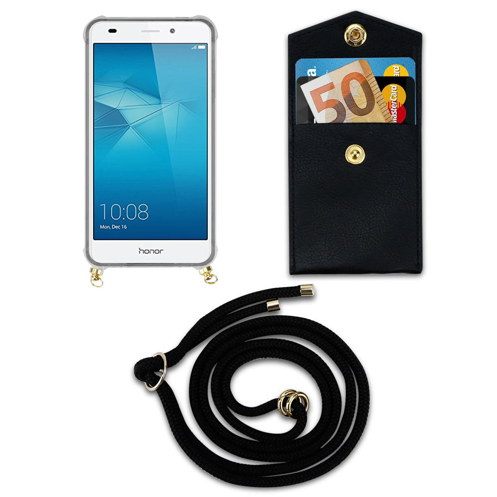 Smartphone mit schwarzer Hülle, Brieftasche mit Geld und Karten, schwarzes Lanyard.