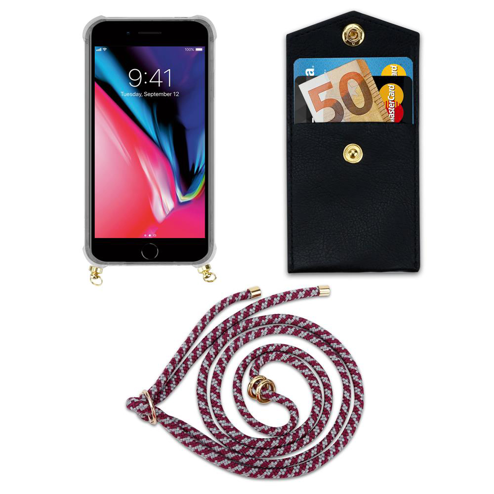 Uno smartphone in custodia, un portafoglio nero con carte e denaro e un cordino.
