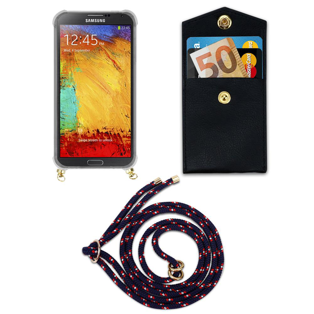Smartphone con custodia, portafoglio con soldi e carte, e un cordino.