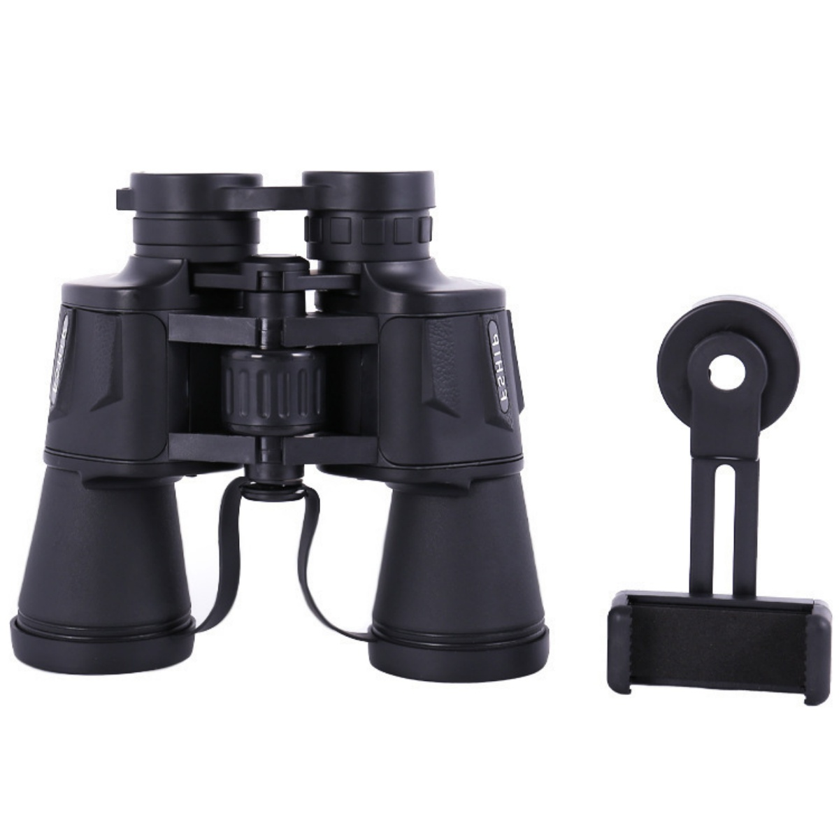 Schwarze Ferngläser und ein schwarzer Handyhalter auf weißem Hintergrund.