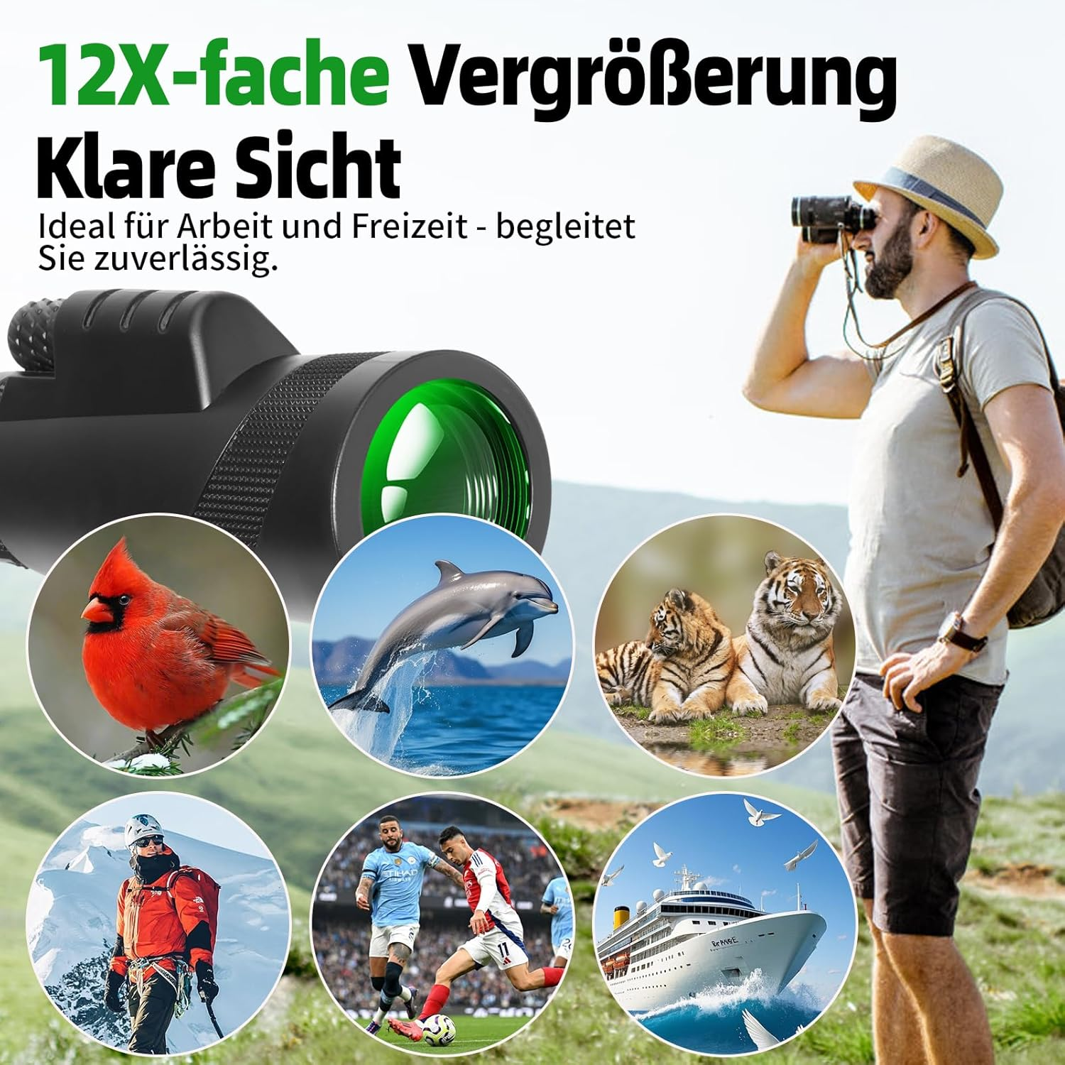 Mann schaut durch Fernglas; Collage: Kardinal, Delfin, Tiger, Bergsteiger, Fußball, Schiff.