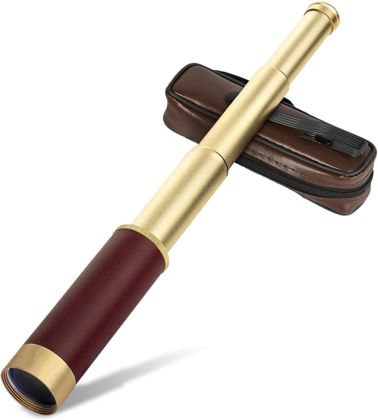 Ein goldenes Teleskop mit braunem Ledergriff liegt neben einer braunen Tasche.