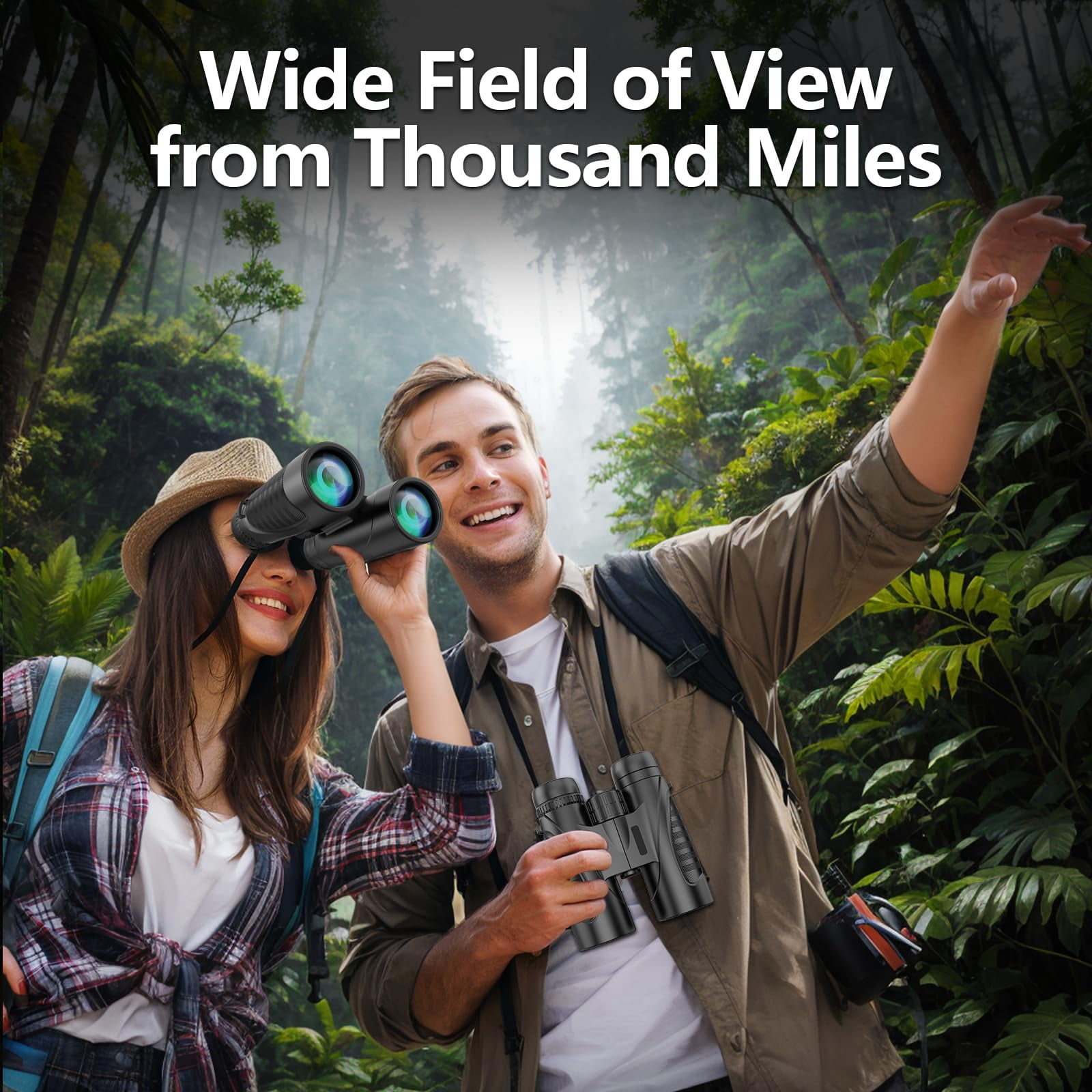 Mann und Frau im Wald mit Fernglas, Mann zeigt.