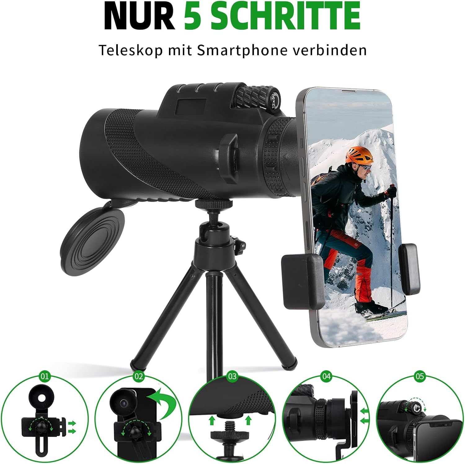 Schwarz Teleskop mit Smartphone-Halterung auf Stativ. Unteransicht zeigt 5 Schritte.