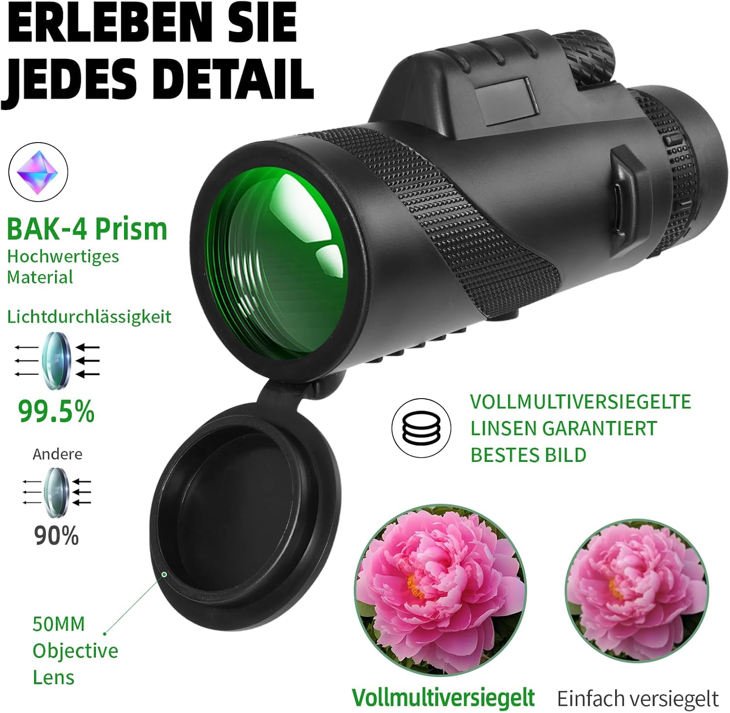 Schwarzes Monokular mit grüner Linse, Text über BAK-4 Prisma und Blumen.