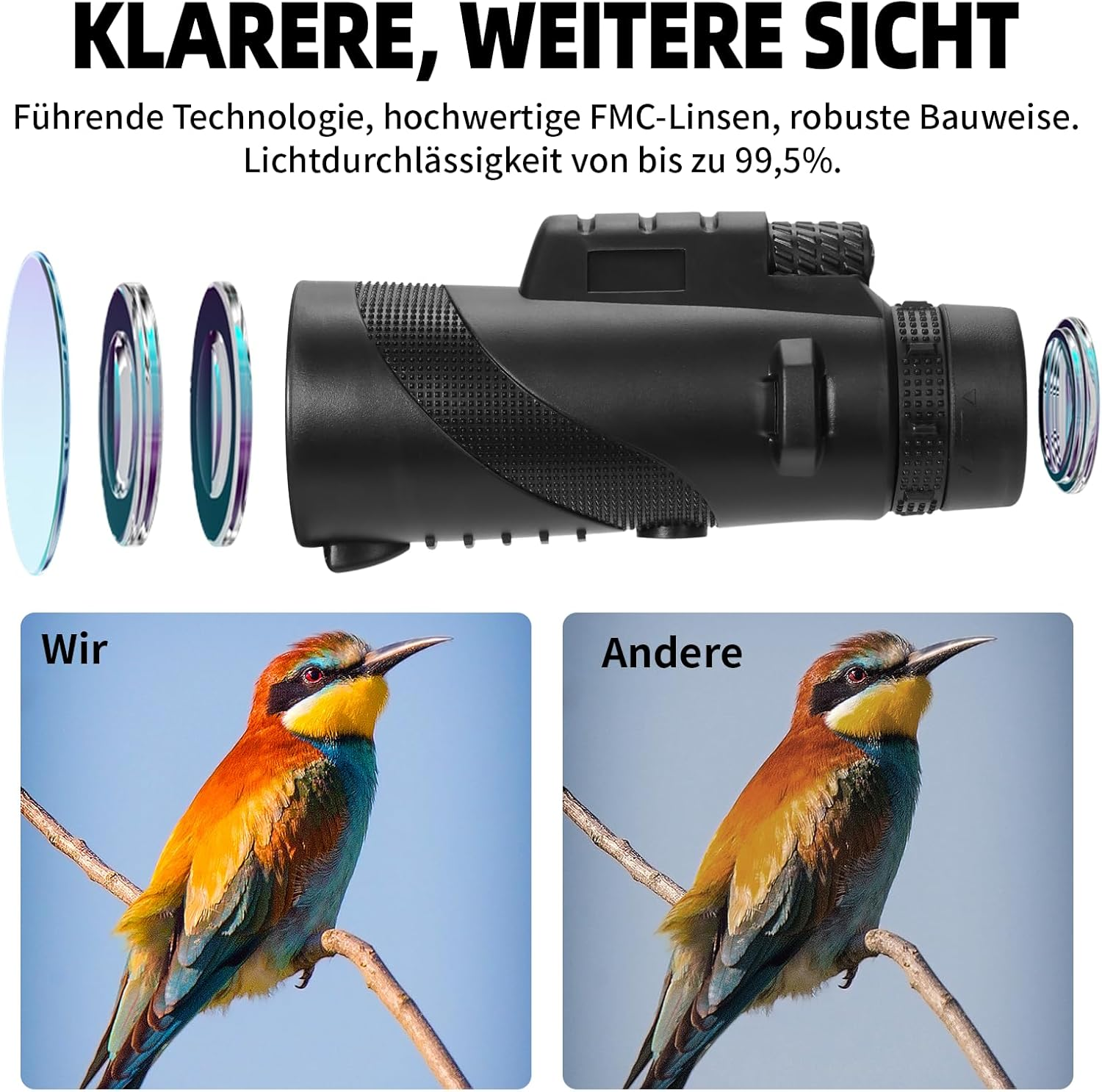 Monokulares Teleskop mit Linsen. Vergleich eines bunten Vogels nebeneinander.
