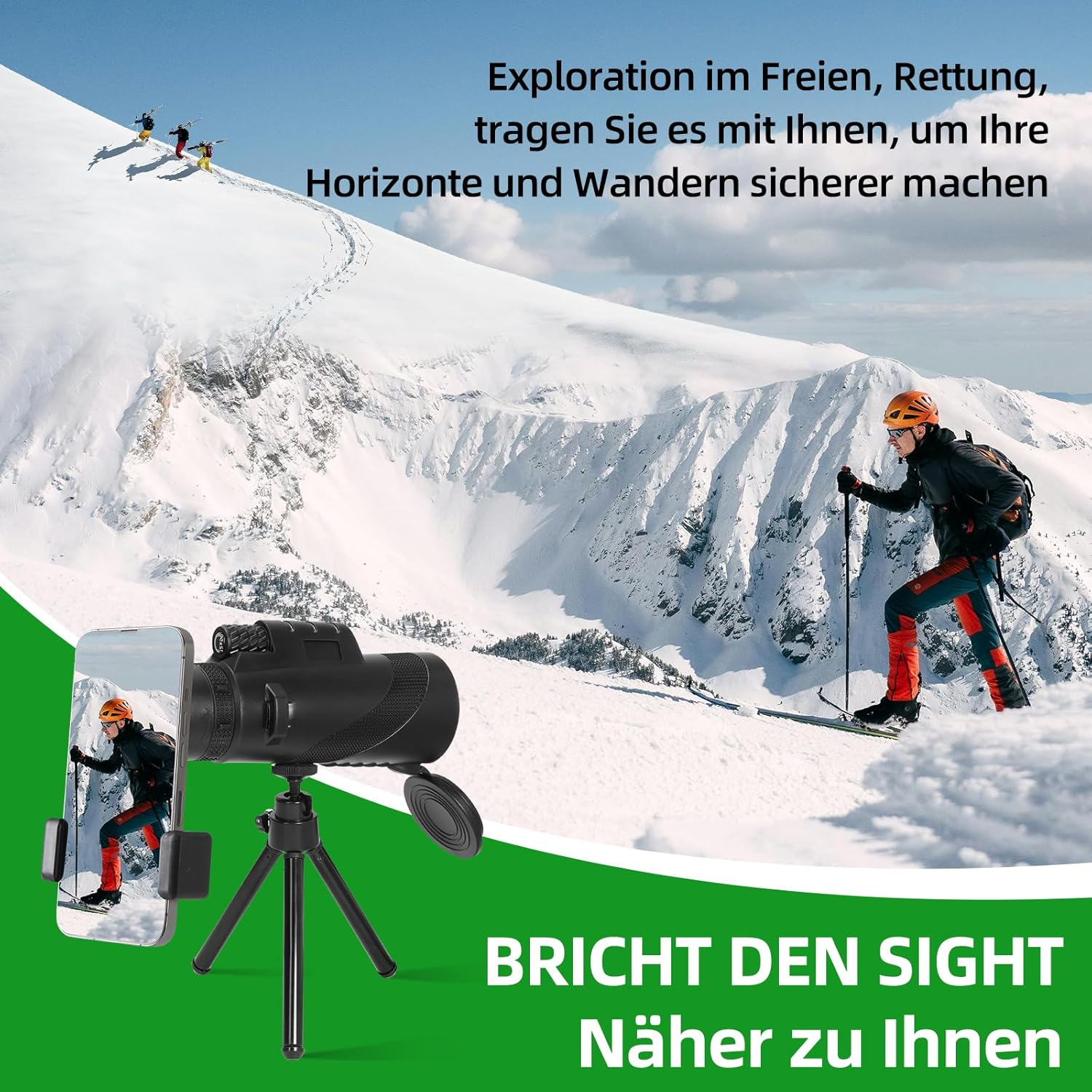 Bergsteiger mit Skiern und Stöcken, Handy mit Teleskop auf Stativ.