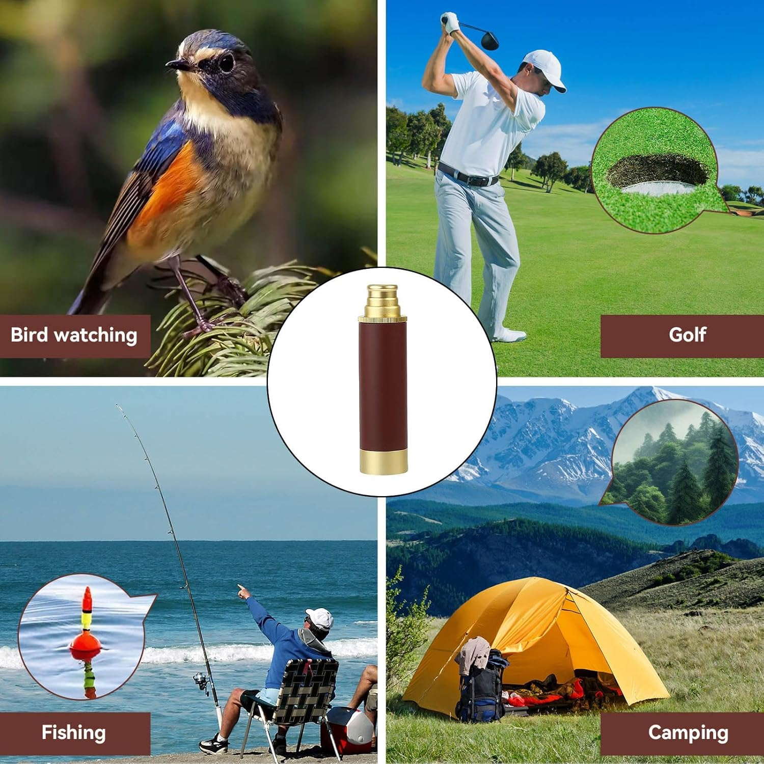 Collage von Outdoor-Aktivitäten: Vogelbeobachtung, Golf, Angeln, Camping und ein Teleskop.
