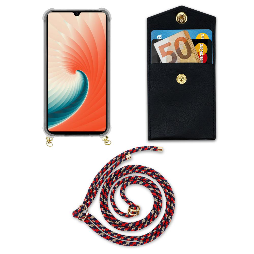 Smartphone in custodia trasparente, tasca nera con soldi e carte, e cordino.
